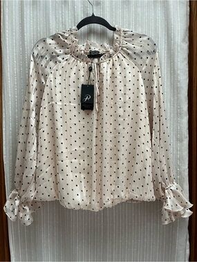 Adrianna Papell NWT Printed Ruffle Tie Blouse Blush Black Polka Dot L